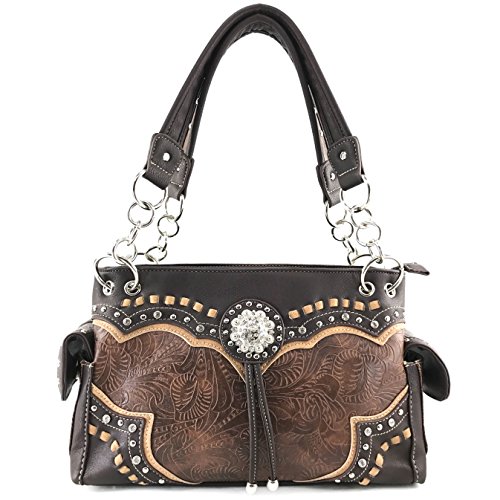 Justin West Western Floral Embroidery Studs Bling Rhinestone Buckle Shoulder Concealed Carry Handbag Purse (Brown Handbag)