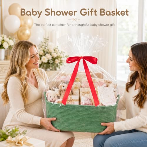 Image of OIASKET Large Empty Cotton Rope Gift Basket with Handles, 16.5 inchx12.6 inchx7 inch Decorative Woven Storage Basket with Gift Bag and Ribbon Set for Baby Shower, Toy Organizer for Kids, Dogs & Cats - Green