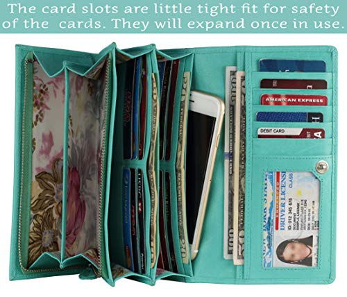 Image of Women's Top Grain Leather Wallet, RFID Blocking Bifold clutch, 17 Card Slots, Zip Pocket Organizer, Elegant Gift for Women - Birthday, Valentine, Anniversary - AQUA