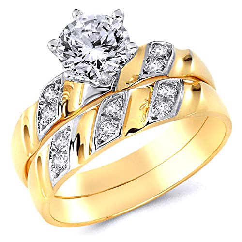 14k Yellow OR White Gold SOLID Engagement Ring and Wedding Band 2 Piece Set