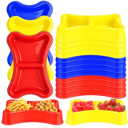 Demonwer 12 Pcs Dog Bone Plastic Bowls Dog Birthday Party Supplies Red Blue and Yellow Food Trays Dual Mouth Food Bowl for Table Puppy Party Decorations