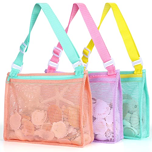 Tagitary Beach Toy Mesh Beach Bag Kids Shell Collecting Bag Beach Sand Toy Shells Beach Toys Swimming Accessories for Boys and Girls(Only Bags A Set of 3)