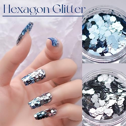 4 Boxes Nail Sequins,Nail Jewelry Laser Hexagonal Patch,Ocean Glitter For Cosmetic Holographic Nail Glitters For Acrylic Nail Flakes For Resin(Blue &Silver Rhombus &Hexagon) #TOP1