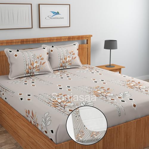Image of 200 TC Cotton Feel All Around Elastic Fitted Bedsheet, Elastic Fitted Bedsheet King Size Bedsheet for Double Bed with 2 Pillow Covers, Size - 72 x 78 x 8 Inch Color Cream