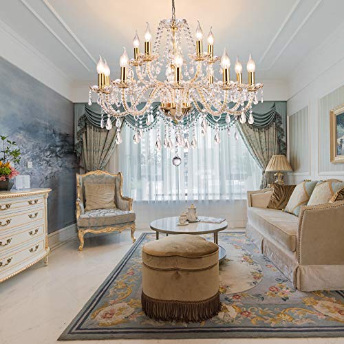 Timstono FBA-HYGXHG014-17 Gold Color Luxurious Candle Crystal Chandelier, 15 Lights K9 Modern Crystal Chandelier For Dining Room, Glass Ceiling Pendant Lamp thumb #1