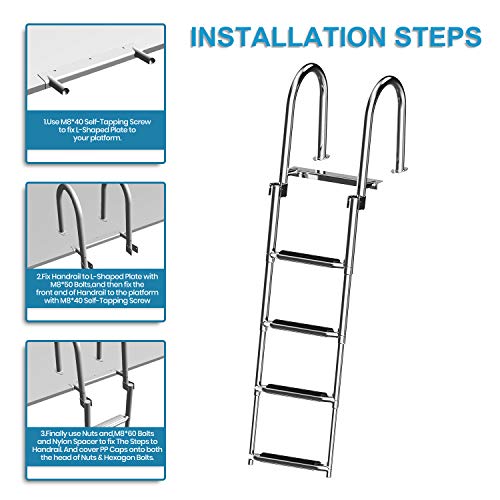 XGEAR 4 Step Pontoon Boat Ladder, Foldable Premium Stainless Steel Marine Yacht Ladder /Swim Deck Ladder with Pedal Hand Railing ,Slip-Proof Plastic Tread , Retaining Strap - Thumbnail 4