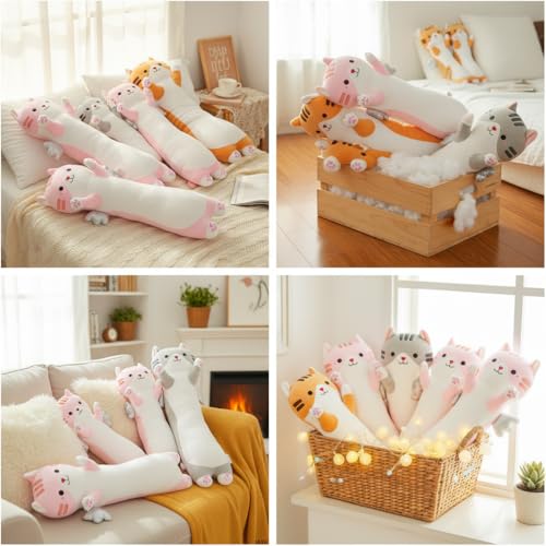 Image of Long Cat Plush Pillow, Cute Cat Stuffed Animal Body Pillow with Wings, Soft Kawaii Kitty Hugging Pillow, Christmas Valentine's Birthday Gift for Kids Girls Boys (Pink, 60cm /23.62in)
