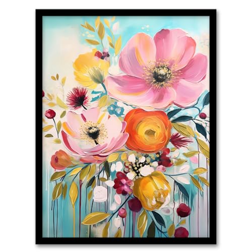 Artery8 Teal Pink Yellow Flowers Bright Elegant Oil Painting Vibrant Spring Blooms Art Print Framed Poster Wall Decor 12x16 inch