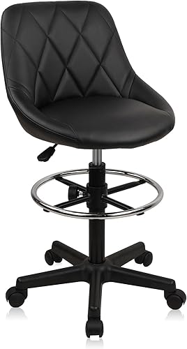 Silla de Dibujo con Respaldo, Taburete Giratorio Rodante de Cuero con Altura Ajustable y Reposapiés, Sillas de Oficina Ergonómicas Altas para