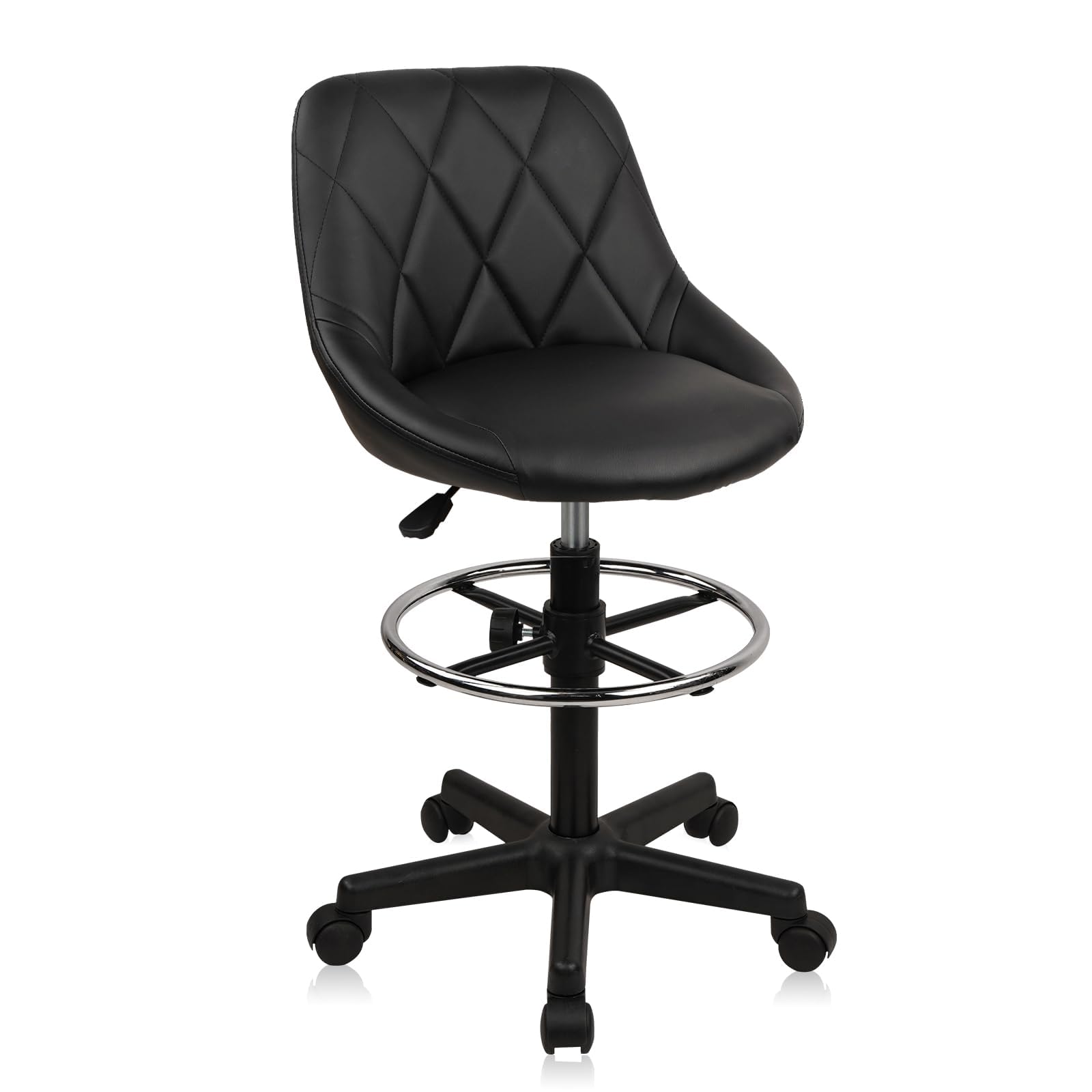 KLASIKA Drafting Chair with Back, Leather Rolling Swivel Stool with Adjustable Height and Footrest, Ergonomic Tall Standing Desk Office Chairs with Wheels for Home Work Shop Kitchen Bar, 1PK
