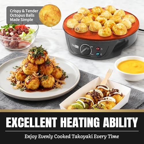 FineMade Takoyaki Maker Pan with Temperature Control, Tools and Recipes, Make 18 Japanese Octopus Balls at once, Easy to Use and Store
