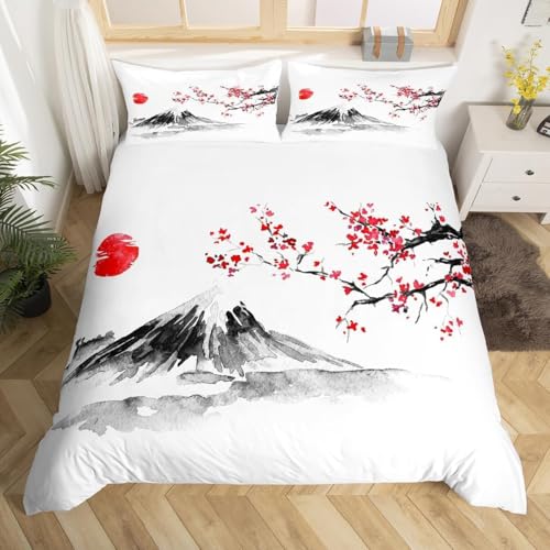 Funda Nordica Cama 80/90 Infantil Pintura en Tinta Japonesa Funda Edredon 135x190 Montañas 3D Fundas de Edredón Microfibra Suave Ropa de Cama de 3 Piezas con Cremallera y 2 Fundas de Almohada H-275