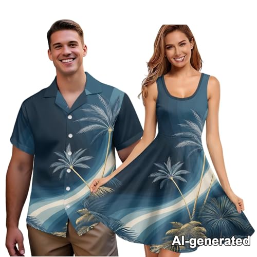 Image of Hawaii Matching Couple Outfits Husband and Wife Clothing Fashionable Mens Casual Shirts Hawaii Dress with Soft Fabric