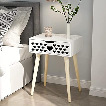 DDS Dream Decor Shoppee Nightstand End Side Table Drawer and Solid Wood Legs Bedside Table for Bedrooms, Mid-Century Modern Storage Cabinet for Living Room Furniture (White)
