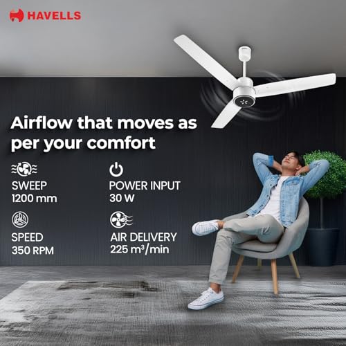 Image of Havells EPIC SIGNIA BLDC Ceiling Fan 1200mm, 5 star, LED Speed Indicator, 380 RPM, Up to 65% Savings, Reverse Rotation,4 Speed Modes, Low Wattage 30W, Low Noise, Air Flow:225 CMM, White