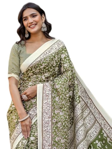 Image of SIRIL Women's Cotton Printed Saree with Unstitched Blouse Piece