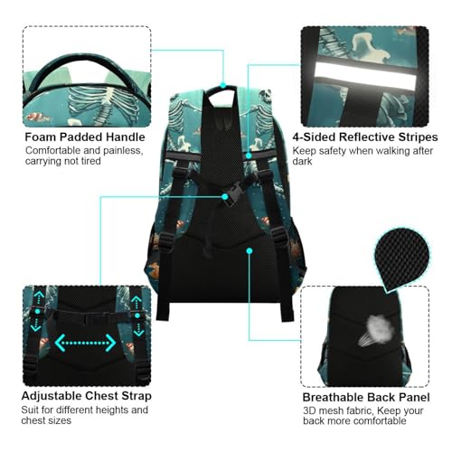 UMIRIKOKids Mermaid Skeleton Fish Undersea Backpack for Boys Girls,School Elementary Bookbags with Chest Clip 202c09524