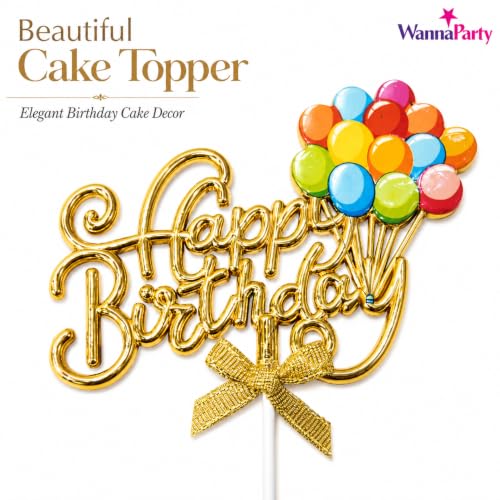 Image of Wanna Party Happy Birthday Cake Topper, Gold Script Balloon Design with Bow, Multicolor Birthday Cake Decoration Pick for Kids, Adults, Party Cakes & Dessert Table - 1PC