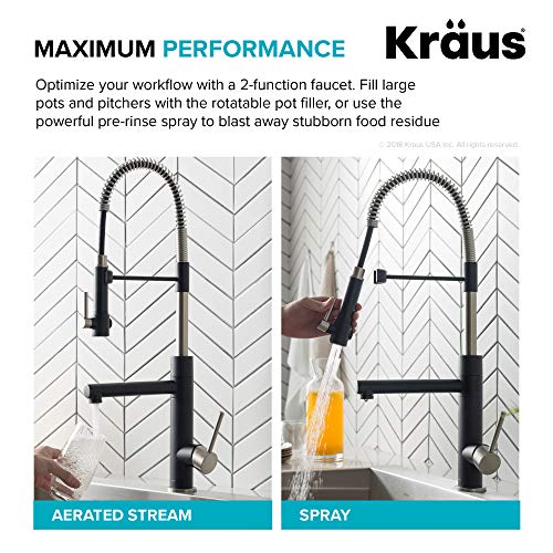 Kraus Kpf-1603Sfsmb Artec Pro 2-Function Commercial Style Pre-Rinse Kitchen Faucet With Pull-Down Spring Spout And Pot Filler, 24.75 Inch, Spot Free Finish Stainless Steel/Matte Black #TOP6