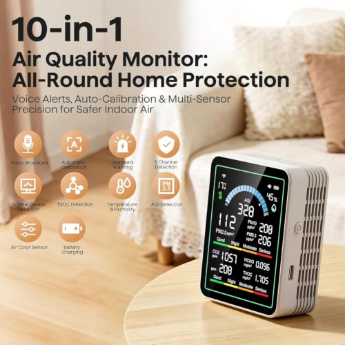 Image of GADGETRONICS Portable 10 in 1 Air Quality Pollution Monitor Meter for AQI | CO2 | TVOC | HCHO | Temp | Humidity PM0.3-1 Use Indoor Outdoor in Home, School, Office, Hospital, Car, Hotels