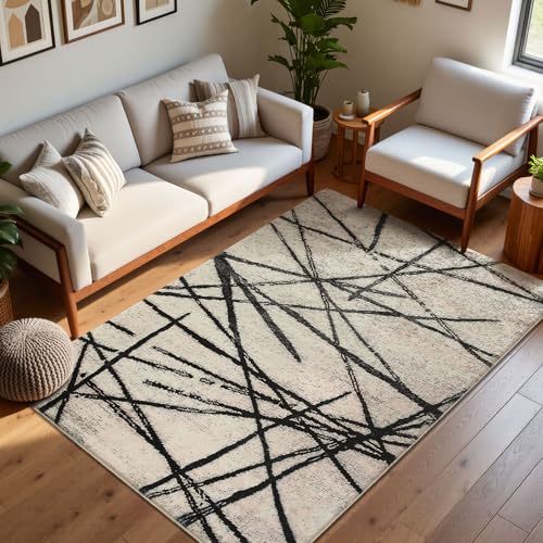 Leesentec Tapis Salon Tapis de Chambre à Poils Courts Artistique Bohème Moderne Antiderapant Doux Motif Abstrait Géométrique (Beige/Rayé Noir, 80 x 120 cm)