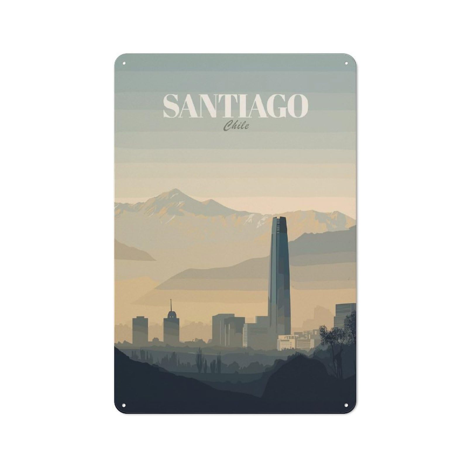 Workshop Style Garage Metal Sign 30x20cm Featuring Santiago Chile Cityscape Illustration(2), Industrial Wall Art for Workshop, Basement, Shed Or Games Room