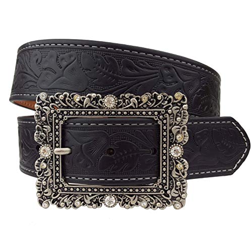 Axesoria Western Embossing Leather Belt with Western Buckle (M/L, Black)