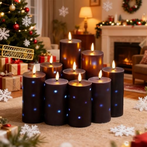 Image of kakoya Flickering Flameless Candles,Battery Operated Real Wax LED Pillar Candles with Remote Control and Timer,with Embedded Star String,Set of 9 (Black)