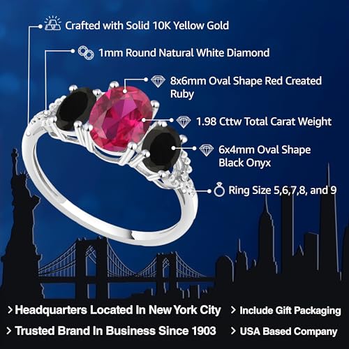 Gem Stone King 10K White Gold Red Created Ruby Black Onyx & Diamond Accent 3-Stone Engagement Ring | 1.98 Cttw | 3 Stone Wedding Engagement Anniversary Promise Ring For Women2