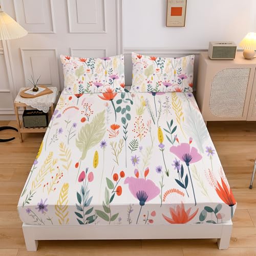 Sábana Bajera Ajustable para Cama 105, Sabana Microfibra Suave Patrón Campo Plantas Ensueño Flores 105x190cm para Colchón de 30cm de Altura Blanco