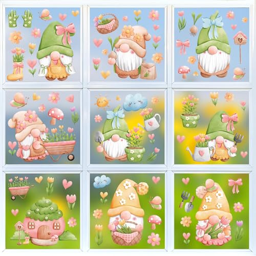 JULMELON 9 Sheets Spring Gnome Window Cling, Double-Sided Stickers, Reusable Colorful Tulip Flower Static Decals for School Home Office Accessories Party Decorations