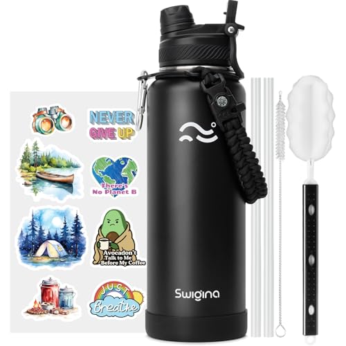 Image of Swigina [2-IN-1 LID] Insulated Water Bottle with Silicone Boot (36hrs Cold /18hrs Hot) - DIY Stickers, Leakproof, BPA Free, 40 oz