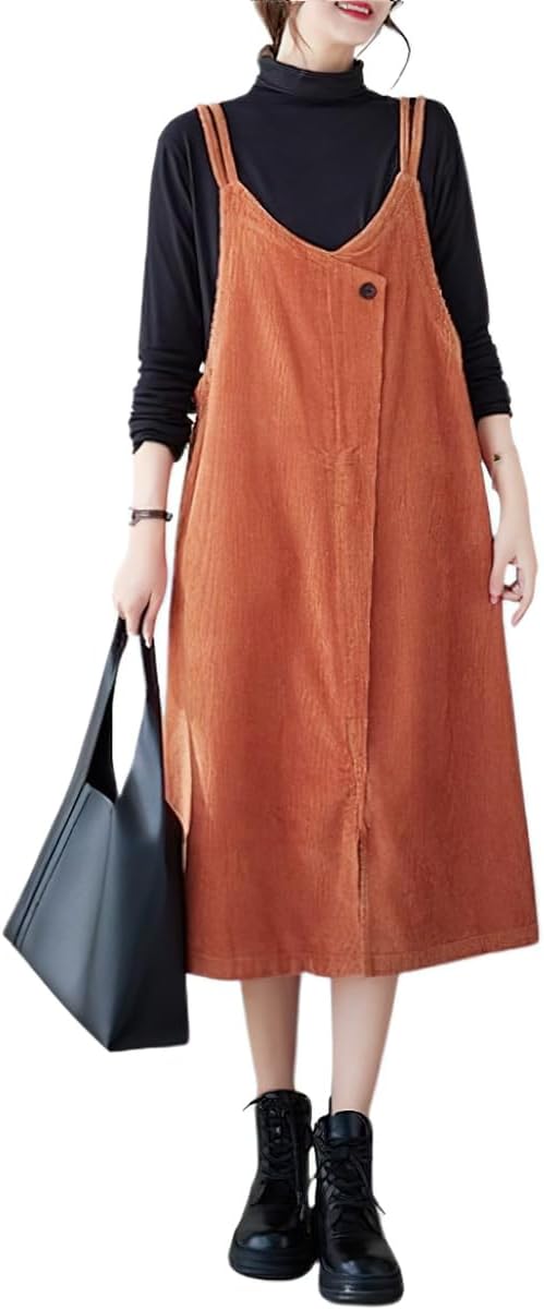 chouyatou Women's Loose Corduroy Spaghetti Strap Overall Dress A Line Flare Pinafore Midi Jumper Dress