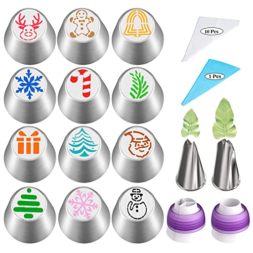 Navidad Boquillas Rusas de Repostería, 27pcs Profesional de Acero Inoxidable Boquillas Manga Pastelera Set para Decoración de Cupcakes y Tartas Fondant Cover