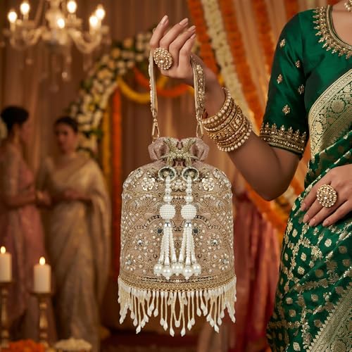 Image of Nevis Silk Fabric Designe Embroidered Potli Bag with Pearl Tassels & Beaded Strap | Bridal Ethnic Drawstring Clutch for Wedding