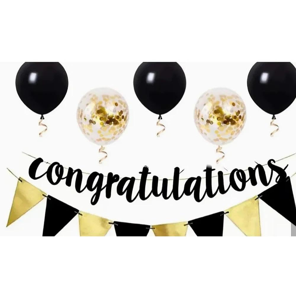 Congratulations Banner, Congratulations Balloons, Graduation Decorations, for Wedding, Retirement, Graduation, Anniversary Party Decorations (pink) (black+gold)