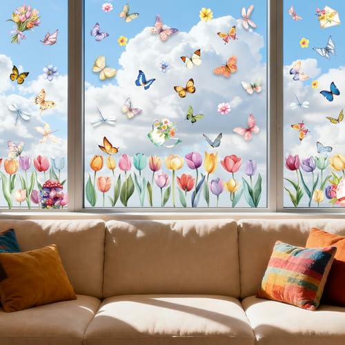 Image of 9 Sheets Spring Window Clings Decor, Tulip Floral Butterfly Window Stickers | Spring Decorations for Home, Office, Classroom, Glass Doors, Flower Decals for Summer, Easter, Indoor Party & Event Decor