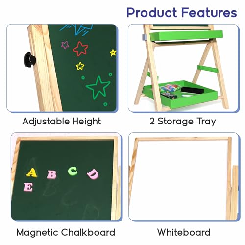 Image of Chanak 2-in-1 Wooden Easel Board for Kids - Magnetic Whiteboard & Chalkboard, Adjustable Height, with Alphabets, Numbers, Marker, Chalks, Duster, Storage Trays, Safe Non-Toxic for Ages 3+