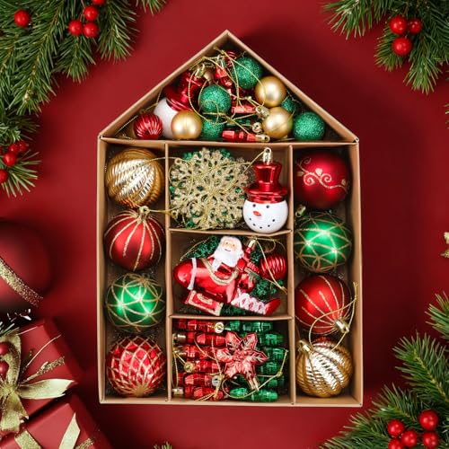 70 Piezas Bolas de Navidad, Esferas de Navidad de Plástico Irrompible 6cm/4cm/8cm con Cuerdas, Adornos Árbol de Navidad Rojo Verde Dorado, Decoración Árbol de Navidad para Interior y Exterior