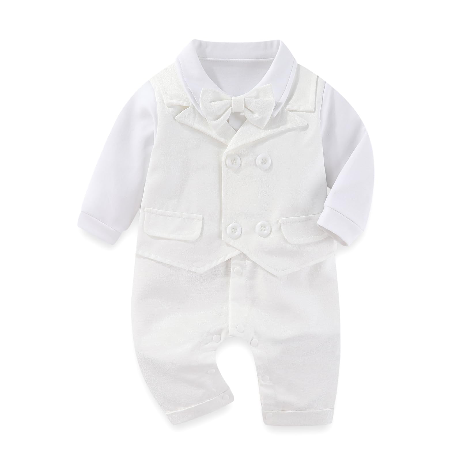 Hresadio Baby Boys Baptism Romper Long Sleeve Christening outfit One-Piece Coverall Bowtie Formal Outfits Clothing White 0-3 Months