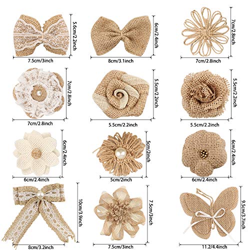 GUIFIER 30PCS Burlap Hessian Flowers Set, Include 24 Burlap Flowers and Bowknots, 5 Lace Burlap Ribbon Rolls,1 Twine Ribbon and Glue Point for Wedding Party Decor Home Embellishment DIY Crafts