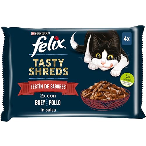 Purina Felix Tasty Shreds Comida Húmeda para Gato en Salsa Pack Surtido Carnes, 12 Paquetes de 4 Sobres de 80g - 48 Sobres