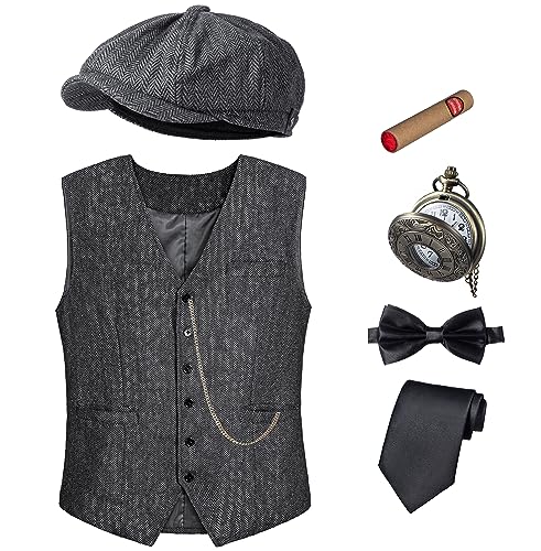 Togrop 1920S Mens Costume Vest Hat Pocket Watch Accessories Set Adult Party Cosplay Dark Grey Large #TOP27
