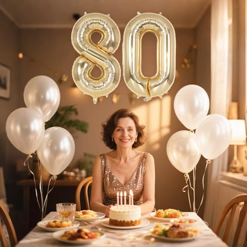 Image of Champagne Gold Large Number 80 Balloon, 40 Inch Light Gold Foil Helium Number Balloons, Giant Mylar Number 80 Balloons for 80 Years Old Birthday Party Anniversary Decorations (Champagne Gold 80)