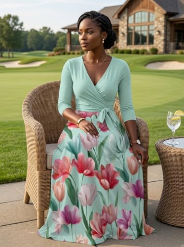 Image of PinkPatty Plus Size Maxi Dress for Women Casual V Neck 3 /4 Sleeve Boho Printed Long Dress with Pockets