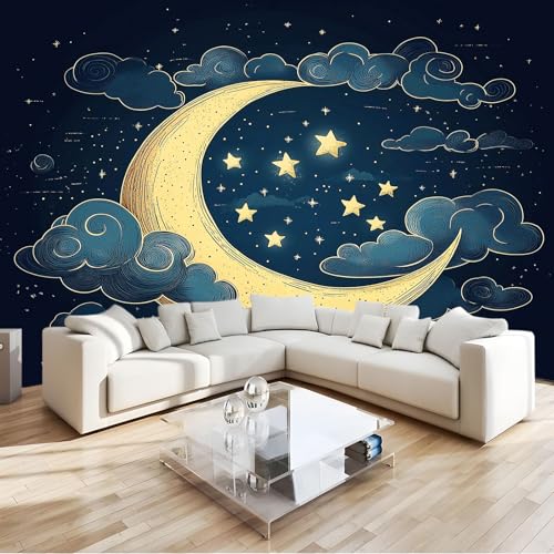 Papel Pintado Dibujos Animados Luna Estrellas Nubes 250 x 175 cm Fotomurales decorativos modernos de pared en tejido no tejido Azul Oscuro, para murales fotográficos para salón o dormitorio