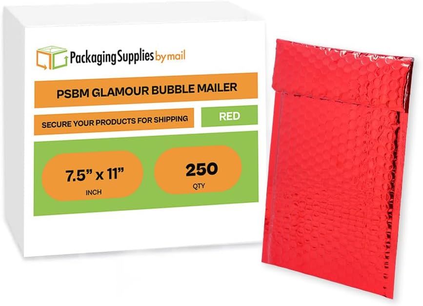 PSBM Red Bubble Mailers, 7.5x11 Inch, 250 Pack, Shiny Metallic, Padded Glamour Shipping Envelope, Self Seal and Peel Strip