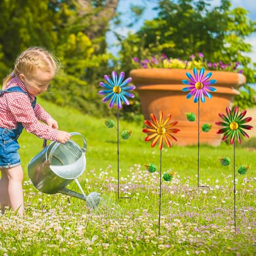 DREAMYSOUL 4 Packs Metal Flowers Wind Spinners Outdoor, Pinwheel Decorative Garden Stakes, Metal Small Wind Spinner for Yard and Garden Decor - image 2