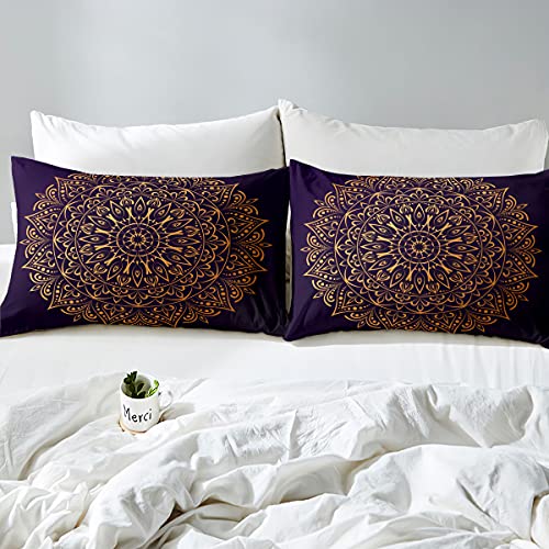 Bohemian Bedding Set Mandala Duvet Cover Set For Kids Boys Girls Adults Vintage Indian Pattern Comforter Cover Exotic Tribal Boho Style Bedspreads Cover With 2 Pillow Cases Full Size Purple Golden #TOP2