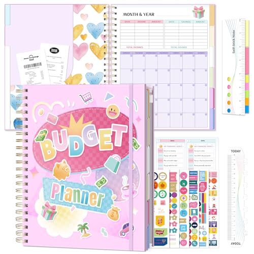 Ospelelf Oversized Budget Planner and Monthly Bill Organizer, Spiral Bindding Money Expense Tracker with Pockets & Stickers, 9" X 11" Large Pages for Spacious Writing, Original Fun Colorful Design, 12 Month Financial Notebook Pink